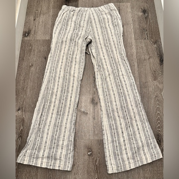 Just Living Striped Linen Blend Drawstring Pants Cream Black Boho Wide Leg Small - Picture 2 of 4